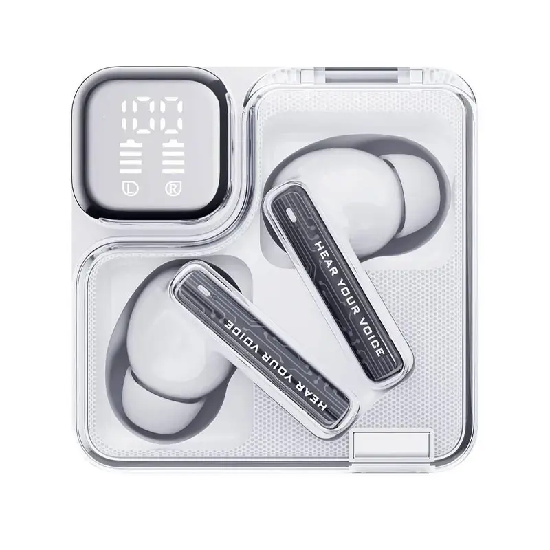 Wireless earbuds with transparent case and LED display