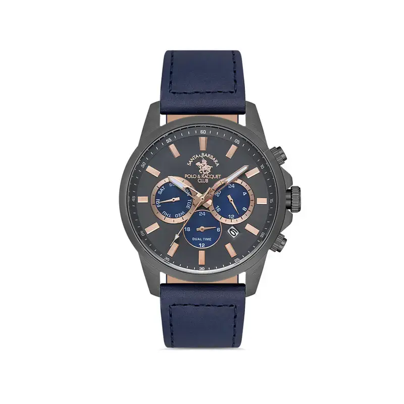 Men's gunmetal dual-time chronograph leather watch
