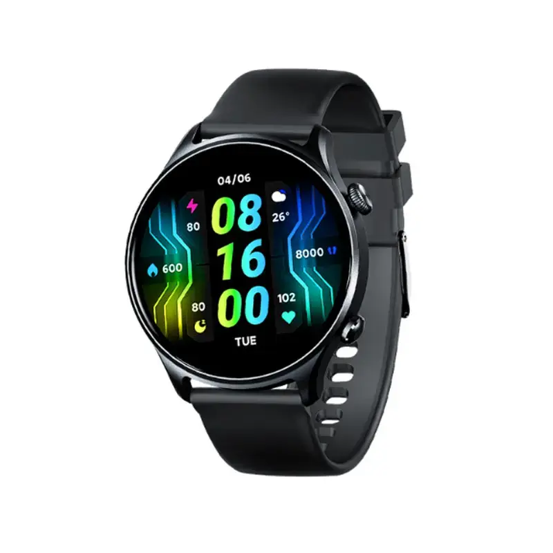 Round AMOLED smartwatch with neon watch face