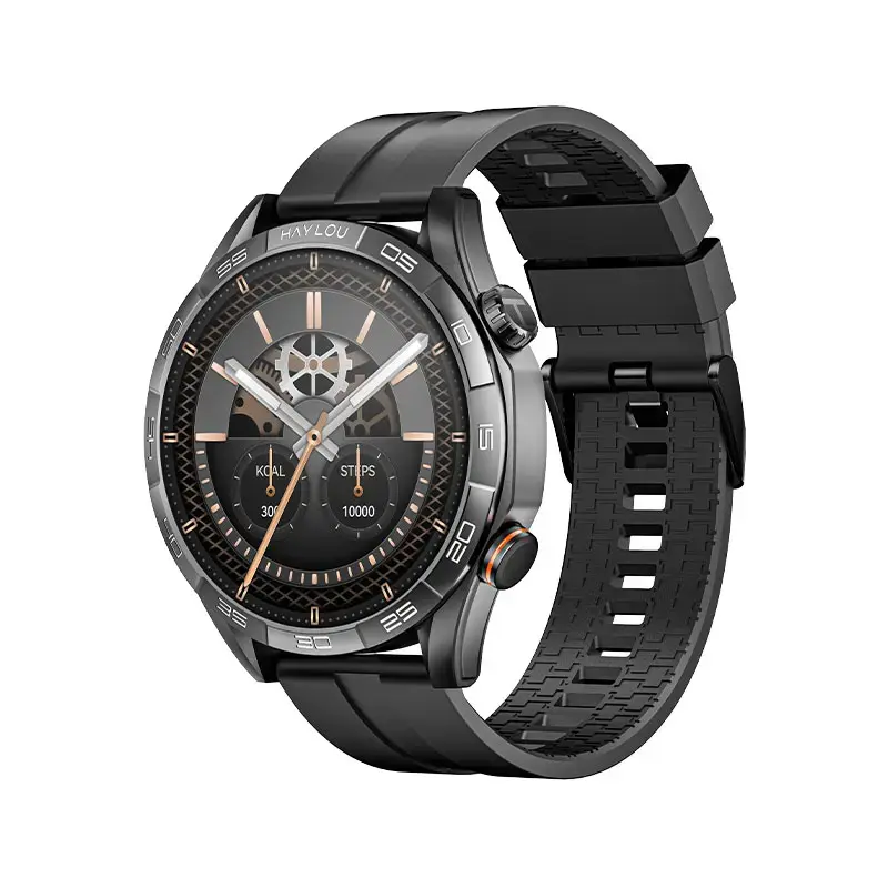 Round AMOLED smartwatch with mechanical-style faces