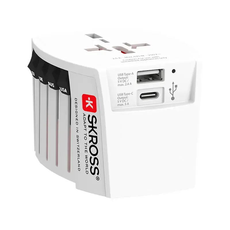 World travel adapter with USB-A and USB-C ports
